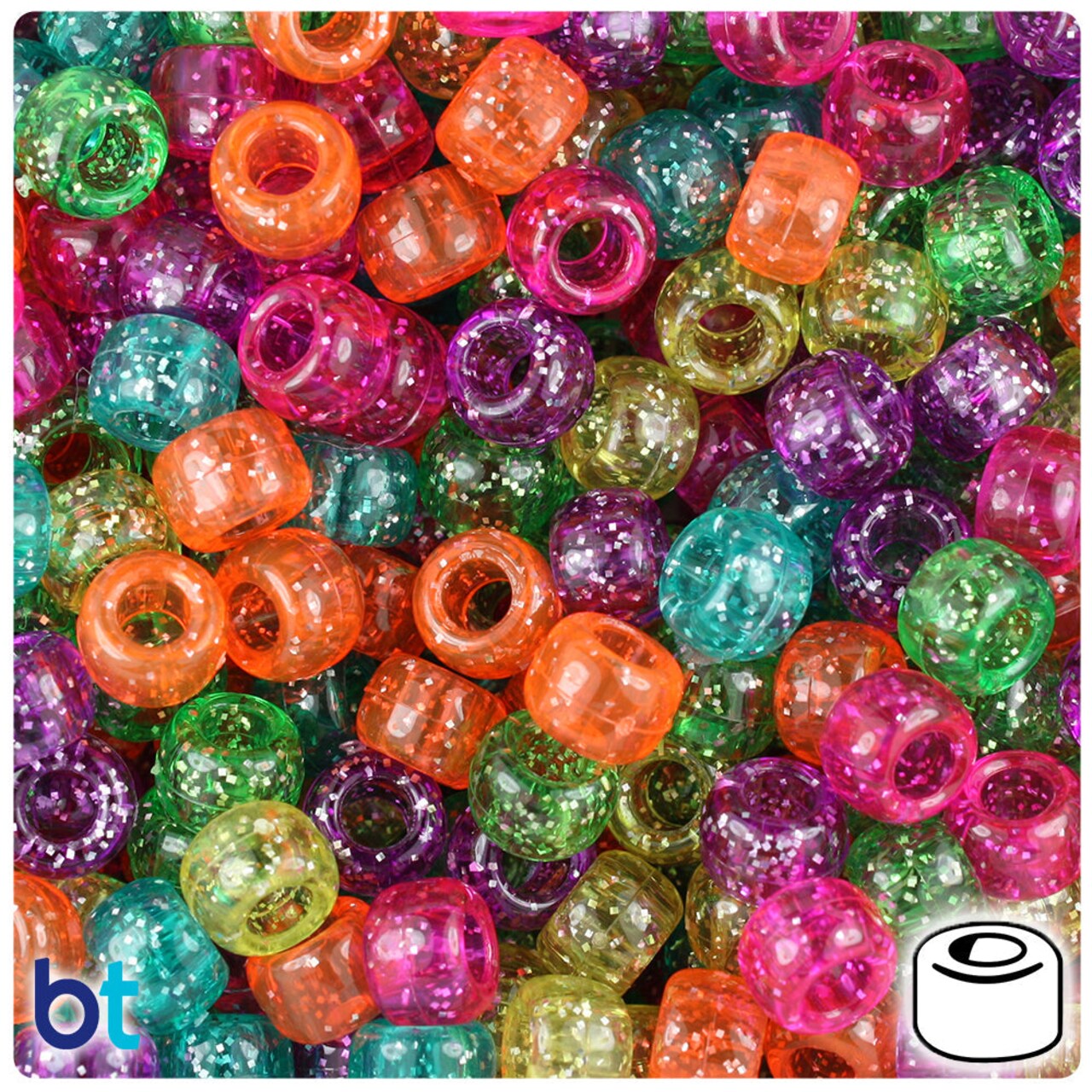 BeadTin Jelly Mix Sparkle 9mm Barrel Plastic Pony Beads (500pcs)